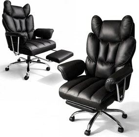 Луксозен офис стол RELAX PRO с поставка за крака - черна екокожа