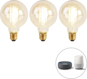 Комплект от 3 интелигентни LED крушки E27 Dim to Warm G95 Goldline 7W 806lm 1800K - 3000K