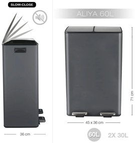 Тъмносиво стоманено кошче за боклук 2x30 l за рециклиране с педал Aliya – Spirella