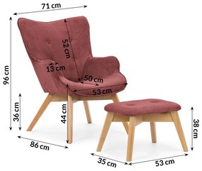 Червен фотьойл с табуретка от рипсено кадифе Niko – Ropez