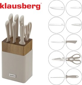 Комплект ножове Klausberg KB 7984, 8 части, Неръждаема стомана, Точило, Стойка от акациево дърво, Бежов/дървесен