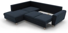 Тъмносин кадифен разтегателен ъглов диван с място за съхранение (ляв ъгъл/L форма) Kyoto – Cosmopolitan Design
