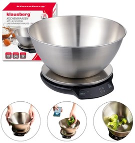 Кухненска везна с купа Klausberg KB 7939, 5 Kg, Bluetooth, Мобилно приложение, LED, ТАРА, Течности, 4 хранителни стойности, Инокс
