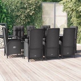 3185174 vidaXL Градински трапезен комплект възглавници 9 части черен полиратан