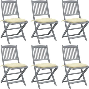 3065451 vidaXL Сгъваеми градински столове, 6 бр, с възглавници, акация масив