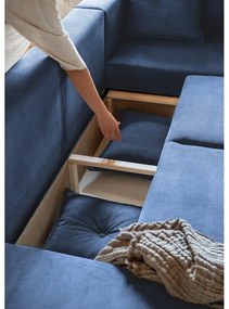 Тъмносин ъглов разтегателен диван от велур (десен ъгъл/U-образна форма) Lazy Lukka - Miuform