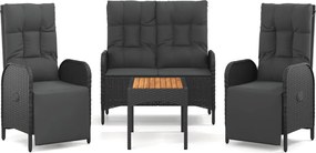 3185086 vidaXL Градински трапезен комплект възглавници 4 части черен полиратан