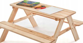 Детска градинска маса за пикник с пейки, естествено дърво, 90 × 90 см