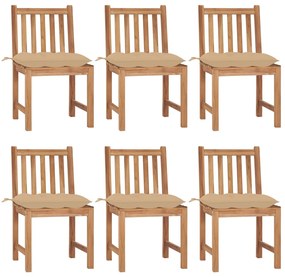 3073133 vidaXL Градински столове, 6 бр, с възглавници, тиково дърво масив