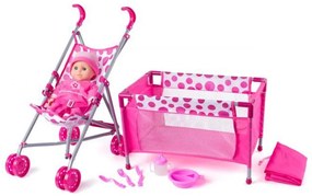 Woody - Кукла бебе Роузи с количка, легло и аксесоари за хранене