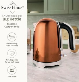Електрическа кана за вода Swiss Haus SH-SWK2127, 2000W, 1.7 л, 360° основа, Филтър, Скрит нагревател, Двойни стени, Меден
