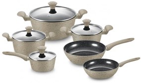 Комплект тенджери и тигани Royalty Line FD10, 10 части, Лят алуминий, Greblon мраморно покритие, Индукция, Бежов