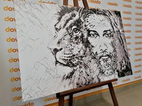 Картина на платно – Всемогъщият с лъв в черно-бял стил