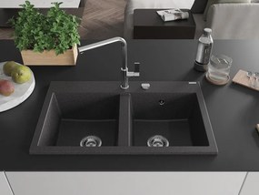 Mexen Hektor гранитна мивка с 2 камери 800 x 480 mm, черна на пръски, хромиран сифон - 6521802000-76