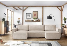 Бежов велурен U-образен разтегателен диван Nihad - Bobochic Paris