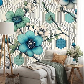 Тапет – Сини цветя с геометричен фон