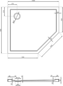 Mexen Flow тънък петустенен поддушник ляв, 100 x 80 см, бял гланц - 46P108010L