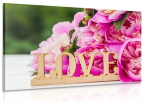 Картина на платно – Божури с надпис Love