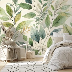 Тапет – Зелени акварелни листа на бежов фон