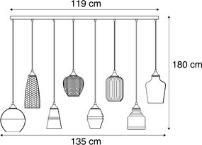 Арт Деко висяща лампа черна с кехлибарено стъкло 8 светлини - Hanne