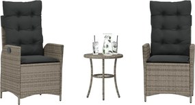 365275 vidaXL Бистро комплект с възглавници 3 части сив полиратан