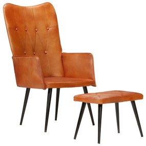 339663 vidaXL Wingback стол с табуретка, кафеникав, естествена кожа