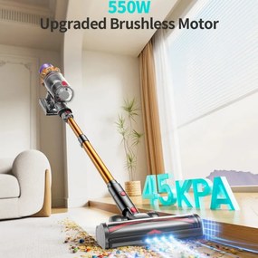 Вертикална прахосмукачка Honiture X7 CJD239, 550W, 45 KPa, 1.5 л, 60 мин, 3 режима, Регулируема височина, HEPA, Тъчскрийн, LED четка, Никел/жълт