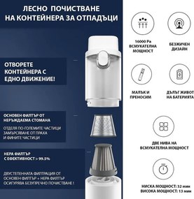 Безкабелна ръчна прахосмукачка Xiaomi Lydsto H2 Edge, 120W, 16000 Pa, 0.1 л, 2 степени, Автономия 32 мин, Бял