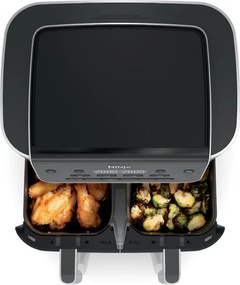 Двоен фритюрник с горещ въздух Ninja Foodi Dual Zone DZ801EU, 2470W, Независими зони за готвене, 7.6 л, 6 програми, 40-240C, Max Crisp, Sync, Сив/Инокс