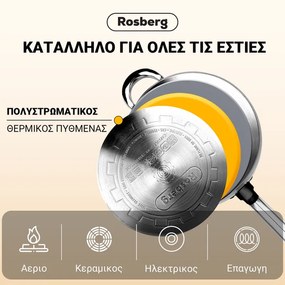 Тиган с капак Rosberg R51210L24TM, 24x6.5 см, Мраморно покритие, Индукция, Дебело дъно, Инокс