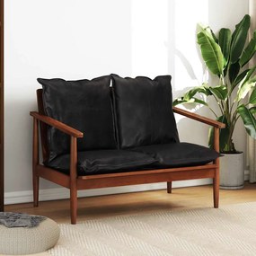 340924 vidaXL 2-местен диван, черен, естествена кожа и акациево дърво масив