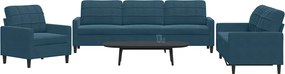 3278440 vidaXL Комплект дивани от 3 части, с възглавници, син, кадифе