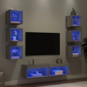 3216638 vidaXL ТВ стенни модули с LED, 8 части, сив сонома, инженерно дърво