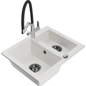 Mexen Carlos гранитна мивка с 1,5 отделения с кухненски смесител Duo, бяла