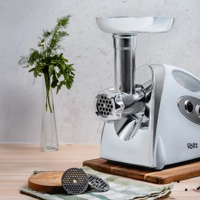 Месомелачка с приставка за домати Voltz V51991A, 1400W, Обратен ход, Аксесоари за сосове и Kubbe, Бял