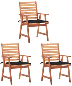 3064354 vidaXL Градински трапезни столове, 3 бр, с възглавници, акация масив