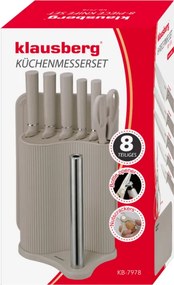 Комплект ножове Klausberg KB 7978, 8 части, Неръждаема стомана, Стойка, Държач за кухненска хартия, Бежов