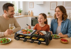 Раклет и грил Techwood TRGP-896, 1200W, Термостат, 8 мини раклета, Двойна защита, Черен
