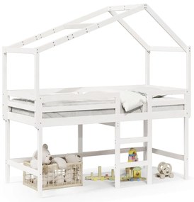 3282069 vidaXL Таванско легло със стълба и покрив, бяло, 90x190 см, бор масив
