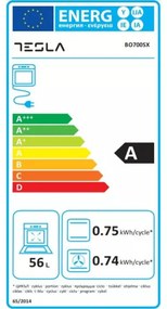 Фурна за вграждане Tesla BO700SX, 2300 W, 56 л, 5 програми, Клас А, Таймер, Инокс