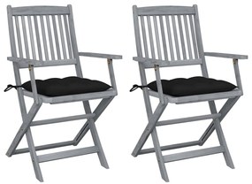 3064504 vidaXL Сгъваеми градински столове, 2 бр, с възглавници, акация масив