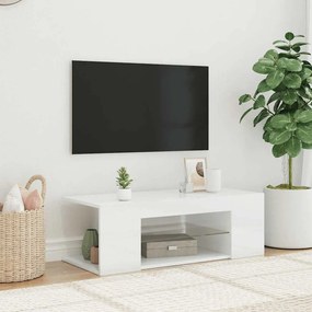 804244 vidaXL ТВ шкаф с LED осветление, бял гланц, 90x39x30 см