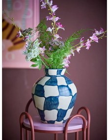 Синя/кремава стъклена ръчно рисувана ваза (височина 24 cm) Check – Bloomingville