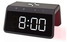 Nedis WCACQ30BK - Будилник с LCD дисплей и безжично зарядно 15W/230V черен