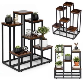 Стойка за цветя в мансардата - 6 рафта, черна стомана и дървен декор