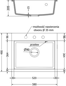 Mexen Oscar Гранитна мивка с 1 отделение 580 x 490 мм, сива, хромиран сифон