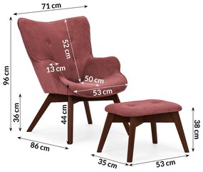 Червен фотьойл с табуретка от рипсено кадифе Niko – Ropez