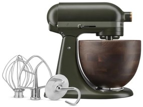Планетарен миксер KitchenAid Artisan Evergreen 5KSM180WSEEG, 300W, 4.7 л, Direct drive, 10 скорости, Накланяща се глава, Купа от орехово дърво, Тъмнозелен/кафяв