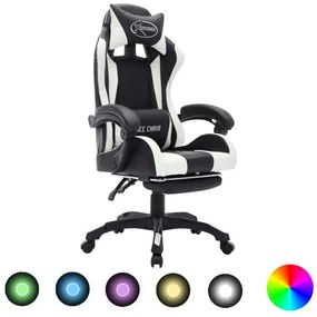 288011 vidaXL Геймърски стол RGB LED осветление бяло/черно изкуствена кожа