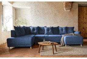 Тъмносин ъглов разтегателен диван от велур (ляв ъгъл/"U") Lazy Lukka - Miuform